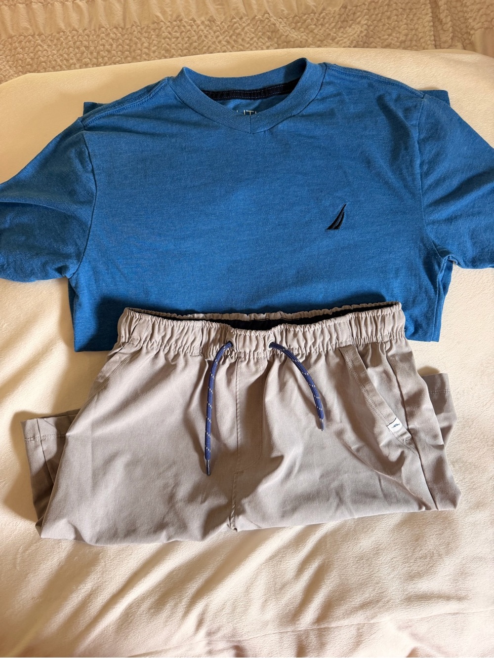 Tommy Bahama Shorts in Light Grey with Nautica blue tee shirt. Youth.